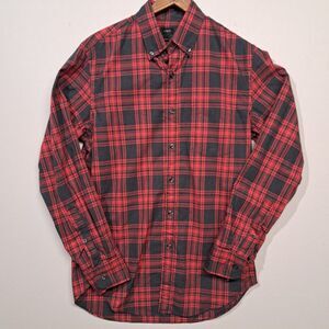 Mens J Crew Small Red Black Plaid Button Down 100% Cotton Long Sleeve